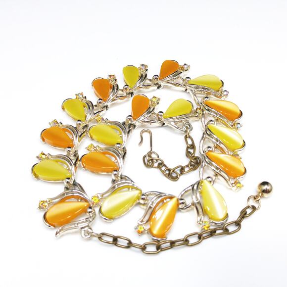 Vintage 1950s Yellow Orange Lucite Necklace, AB Rhinestones, Signed ART - Picture 7 of 10